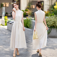 夏典素訂女王（SE.PSTP）2025夏季薄款棉麻連衣裙女中長(cháng)款收腰遮肚子顯瘦高端無(wú)袖背心裙子 米色今年流行的輕奢母親女神節 M