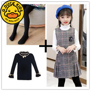 G.DUCKKIDS童裝女童背心裙秋冬新款12歲女孩毛呢裙子韓版中大童格子裙連衣裙 A【贈褲襪】背心裙+B黑毛衣 110  適合100-110cm年齡4-5歲