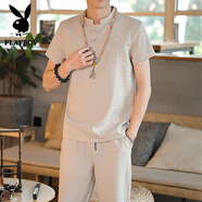 花花公子（PLAYBOY）夏季新款棉麻男套裝亞麻短袖t恤休閑半袖唐裝漢服T恤中國風(fēng)服飾男 卡其【短袖+長(cháng)褲】 L (105~120斤)