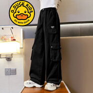 G.duck品牌童裝女童冬裝褲子女孩秋冬款洋氣加絨保暖工裝褲兒童運動(dòng)長(cháng)褲 黑色春秋款 170