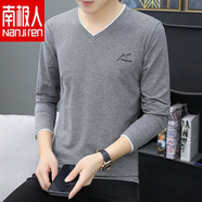 南極人純棉休閑男士雞心領(lǐng)長袖t恤外穿薄款秋衣韓版潮流男裝體恤打底衫 深灰色 929 M