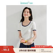茵曼（INMAN）撞色羅紋棉女裝U領(lǐng)短袖T恤修身氣質(zhì)休閑通勤2025夏季新款短款上衣 牙白色-新 S