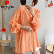 皮爾卡丹條紋針織衫冰絲防曬衣夏季薄款韓版寬松長(cháng)袖套頭罩衫冰絲上衣女 橘條 均碼 85-145斤