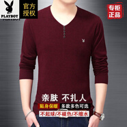 花花公子（PLAYBOY）秋冬純棉男士長(cháng)袖t恤細V領(lǐng)純色針織中青年修身針織打底衫爸爸上衣 V領(lǐng)紐扣酒紅 L 175/88A