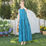 絲柏舍度假風(fēng)連衣裙2025夏季新款女裝時(shí)尚圓領(lǐng)無(wú)袖清爽寬松腰長(cháng)裙 藍綠條紋 L