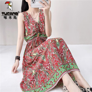 啄木鳥(niǎo)棉綢長(cháng)款連衣裙女大碼人造棉碎花裙高腰顯瘦沙灘裙無(wú)袖背心長(cháng)裙夏 修身617花色修/身 4XL 建議140斤-150斤
