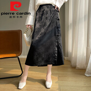 皮爾卡丹（pierre cardin）中式盤扣開叉半身裙女2025春夏新款高腰顯瘦中國風(fēng)提花天絲中長裙 黑色今年流行的輕奢品牌 M