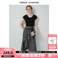 VEGA CHANG短袖連衣裙女2025新款夏假兩件設(shè)計感不規(guī)則拼接連衣裙 格紋拼接 XL