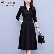 啄木鳥韓版大碼秋冬洋氣長袖冬天連衣裙女中長款氣質(zhì)收腰顯瘦減齡裙子女 5177-黑色 有口袋 XL 建議【115-125】