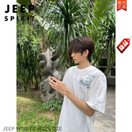 JEEP SPIRIT美式高街花卉重工刺繡短袖t恤男生夏季新款國潮男女純棉半袖上衣T 白色【字母花夲刺繡】 M 建議【90-110斤】