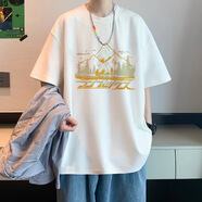 奇駿狗（QIJUNGOU）短袖男生夏季恤新款夏天潮牌半袖寬松內(nèi)搭上衣體恤衣服男款 露營(yíng)金山（白色） M (85-100斤)
