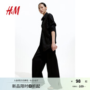 H&M女裝休閑褲秋季印花薄款高腰長(zhǎng)褲松緊腰寬松直筒闊腿褲1216645 黑色 S 160/72
