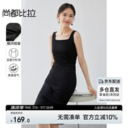 尚都比拉法式連衣裙女夏天赫本風(fēng)氣質(zhì)A字裙抽褶收腰顯瘦背帶裙 黑色短款 S