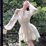 茯見(jiàn)白色連衣裙女法式掛脖露肩純欲連衣裙仙女裙度假沙灘裙荷葉邊短裙 杏色M碼【建議90-110斤】