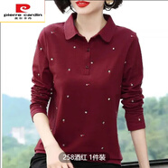 皮爾卡丹長(cháng)袖T恤女純棉媽媽裝上衣春季新款寬松中老年polo衫女長(cháng)袖T恤 酒紅色 3XL 建議130-145斤