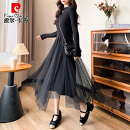 皮爾卡丹（pierre cardin）春裝長款過膝針織連衣裙女2025春秋中長款蕾絲拼接毛衣裙修身顯瘦 黑色 S
