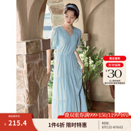 茵曼（INMAN）法式薄荷曼波連衣裙2024夏女裝新品V領(lǐng)燈籠袖抽繩 紺藍(lán)色 S