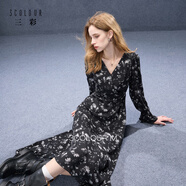 三彩2025秋季新款流浪風(fēng)碎花V領(lǐng)雪紡裙連衣裙不規則A字長(cháng)裙M