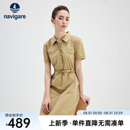 Navigare意大利小帆船短袖襯衫裙女士夏季時尚百搭小個子連衣裙簡約中裙女 瑪奇朵 L 碼