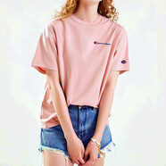 冠軍（CHAMPION）刺繡小標夏粉色減齡大碼純棉寬松短袖T恤女半袖情侶潮牌打底衫男 粉紅色_小長(cháng)標 M _中性款_男女通用
