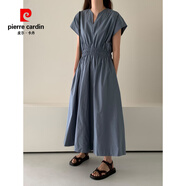 皮爾卡丹（pierre cardin）2025夏季新款優(yōu)雅氣質(zhì)半開領(lǐng)設(shè)計收腰顯瘦連衣裙女冷淡系簡約長裙 藍(lán)灰色 S 【建議95斤內(nèi) 高品質(zhì)】