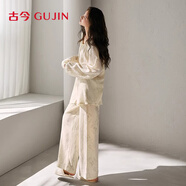 古今（GUJIN）帶胸墊純棉紗長袖睡衣女春秋吊帶家居服國風(fēng)睡褲大碼三件套裝L