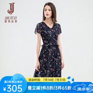 經(jīng)典故事（JANE STORY）2025年夏季新款V領(lǐng)雪紡連衣裙女氣質(zhì)法式茶歇裙復(fù)古荷葉邊碎花裙 M73深藍(lán)色花 M