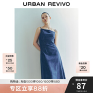 UR夏季新款女裝設(shè)計(jì)感斜肩領(lǐng)吊帶牛仔連衣裙UWG840191 藍(lán)色 L