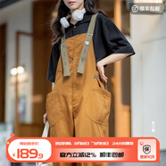 馬登女裝 美式復(fù)古減齡寬松背帶褲大口袋直筒寬松吊帶連體工裝長褲 卡其黃 馬登工裝 M