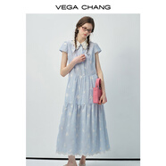 VEGA CHANG短袖連衣裙女2025新款夏蕾絲領(lǐng)條紋刺繡清新甜美仙女裙 鳶尾蘭 M
