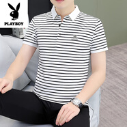 花花公子（PLAYBOY）高檔品牌輕奢男士夏新款夏季休閑商務時尚T恤男短袖打底POLO衫男 白黑 M