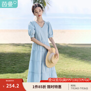 茵曼（INMAN）純棉法式氣質(zhì)連衣裙女裝2025夏季新品顯瘦V領(lǐng)泡泡袖A字長(zhǎng)裙子 淺水藍(lán) S