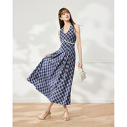 愛(ài)依服IEF/愛(ài)依服裙子2025夏季新款法式甜美純欲辣妹氣質(zhì)格子吊帶長(cháng)裙 藍格 L