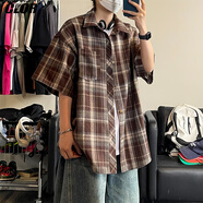 CLOR美式休閑復古寬松襯衫春秋款格子潮流短袖外套CLCX06咖啡色L