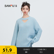 三福毛衣2025秋季領(lǐng)口鏤空寬松時(shí)尚休閑上衣女裝495759 湖藍(lán)色 M