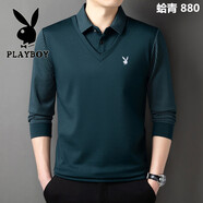 花花公子（PLAYBOY）高端秋中年男T恤純棉寬松假兩件爸爸裝保暖針織衫時尚潮流 蛤青色 880【薄 款】 L 170/40建議/120-136斤