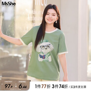 MsShe【雙面棉原創(chuàng)印花撞色短袖T恤】大碼女裝2025夏裝胖mm巨顯瘦 灰豆綠色現(xiàn)貨 4XL