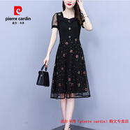 皮爾卡丹（pierre cardin）中年媽媽時尚氣質短袖連衣裙夏季新款減齡收腰顯瘦洋氣假兩件裙子 黑色 L 建議90-105斤