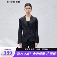 S.DEER圣迪奧女裝西裝領一粒扣緞面西裝外套S23382201 黑色/91 M/165