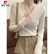 皮爾卡丹（pierre cardin）正肩顯瘦v領(lǐng)針織衫女春秋感軟糯毛衣內搭打底衫修身鎖骨上衣 杏色【溫柔系凡爾賽/歐洲站/別致 M (95-105斤)