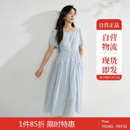 茵曼簡(jiǎn)約方領(lǐng)分割收褶2025夏季女裝新款浪漫泡泡袖中長(zhǎng)裙子 淺藍(lán)色  L