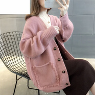 恒源祥羊·毛慵懶風流蘇毛衣外套女25秋冬新款韓版寬松單排扣針織開衫女 粉色. XL 建議120-130斤左.