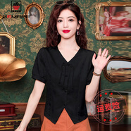AEMAPE設(shè)計(jì)感雪紡短袖T恤女夏季爆款新中式國(guó)風(fēng)女士襯衫氣質(zhì)短款上衣女 白色 L 建議100-115斤