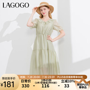 lagogo【萊賽爾】荷葉邊系帶連衣裙女拉谷谷夏新款收腰泡泡袖裙子 淺綠色(L8) L