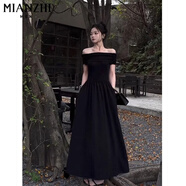 棉致黑色一字肩連衣裙女夏季2025新款法式氣質(zhì)性感收腰顯瘦露肩長裙 x7290黑色【高品質(zhì)38.5】 M 95-110斤