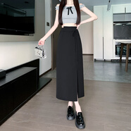 以純（YISHion）不規則西裝半身裙女夏季高腰顯瘦裙子休閑百搭a字開(kāi)叉包臀中長(cháng)裙 黑色 XL