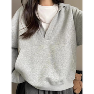 衣然呈品美式復古大V領(lǐng)連帽套頭衛衣女春秋新款松弛感慵懶百搭外套上衣女 灰色 M 【建議90-110斤】