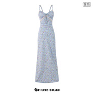 FHHUABD【包郵】法式性感V領(lǐng)細肩帶碎花吊帶連衣裙女海邊度假氣質(zhì)長(cháng)裙子 碎花裙 S 均碼