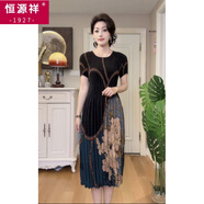 恒源祥（HYX）三宅風褶皺短袖連衣裙女2025夏季新款小眾寬松顯瘦百搭碎花長裙女 鏈條黑 M