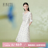 菲妮迪（FINITY）夏季淑女風(fēng)V領(lǐng)短袖透氣親膚印花百搭顯瘦中長(zhǎng)款連衣裙 米底藍(lán)花 M